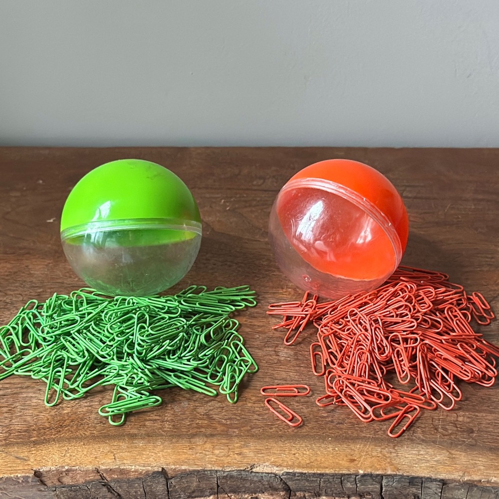 Vintage Office Supplies Colored Paper Clip in Plastic Storage Ball MCM Space Age